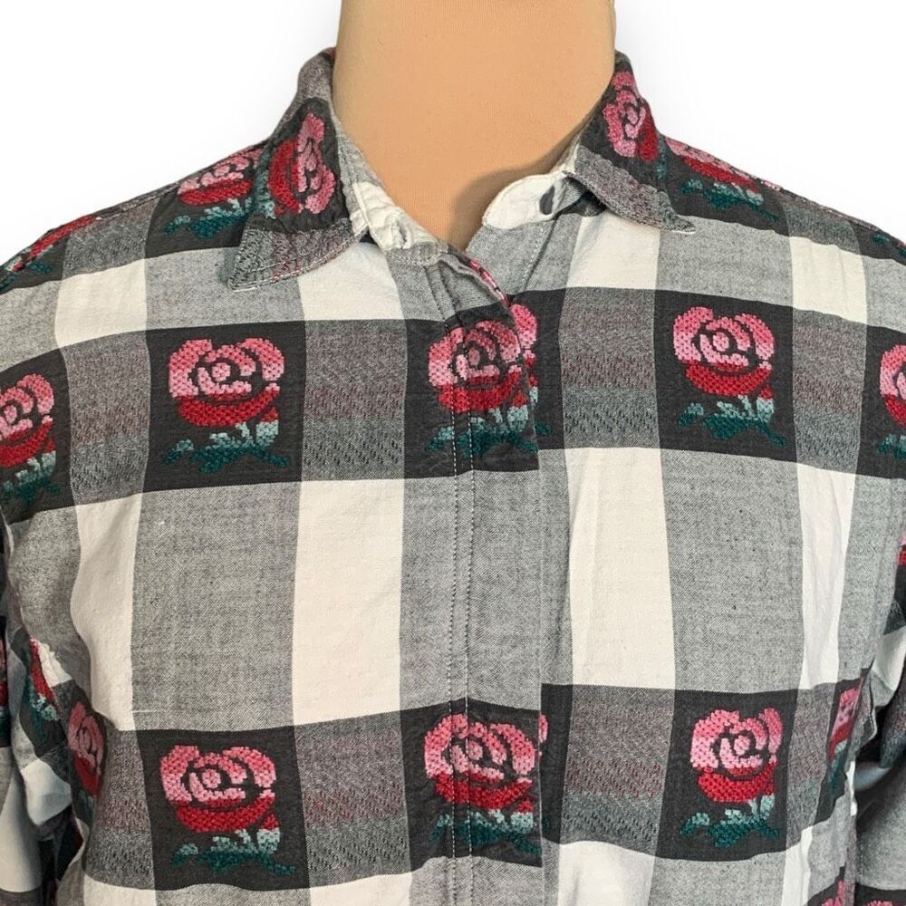 Vintage Shirt Black Oversized White Checkered Plaid Embroidered Dark Floral - Picture 5 of 12